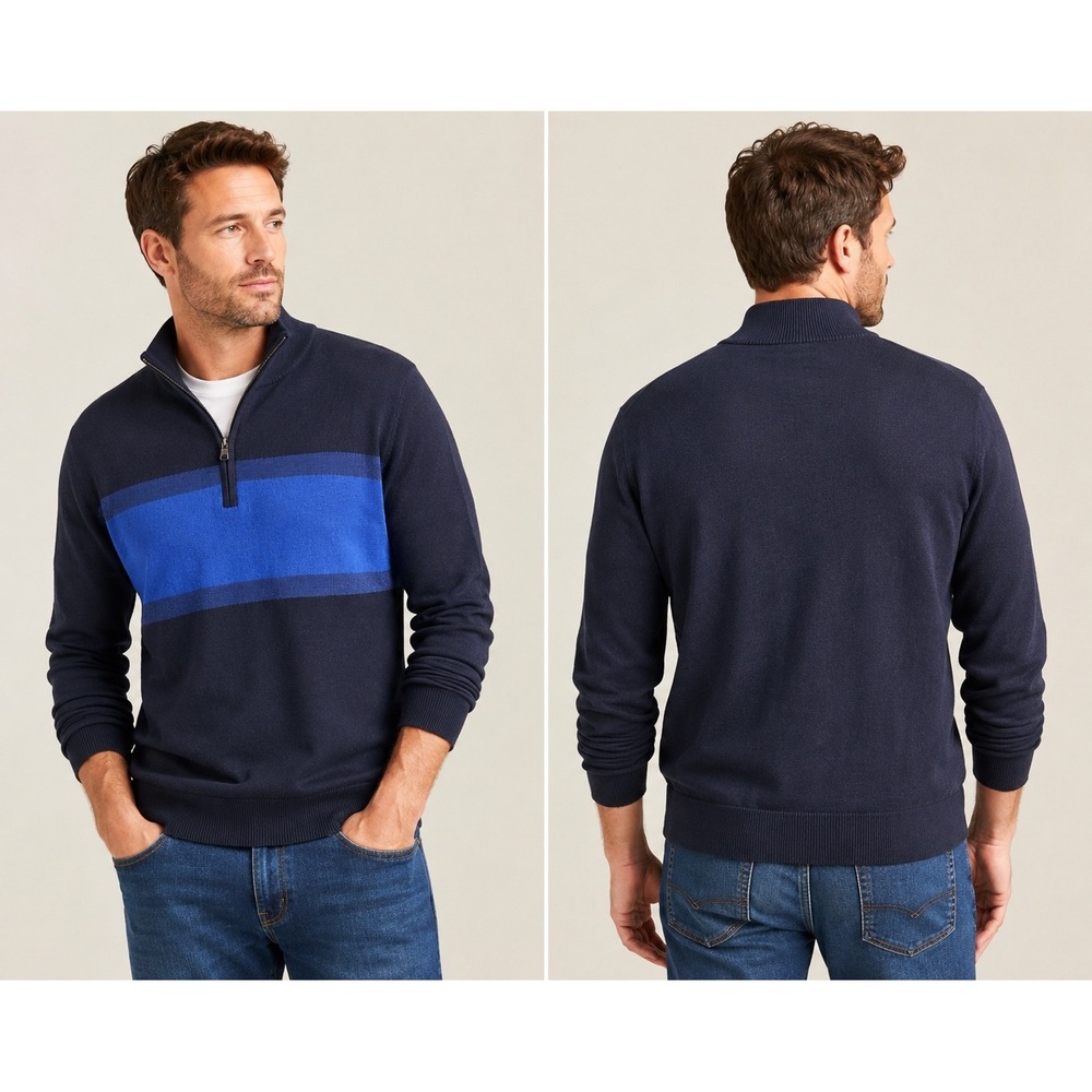 Banana Republic Mens Cotton Cashmere Quarter Zip Sweater Navy Blue Stripe Large